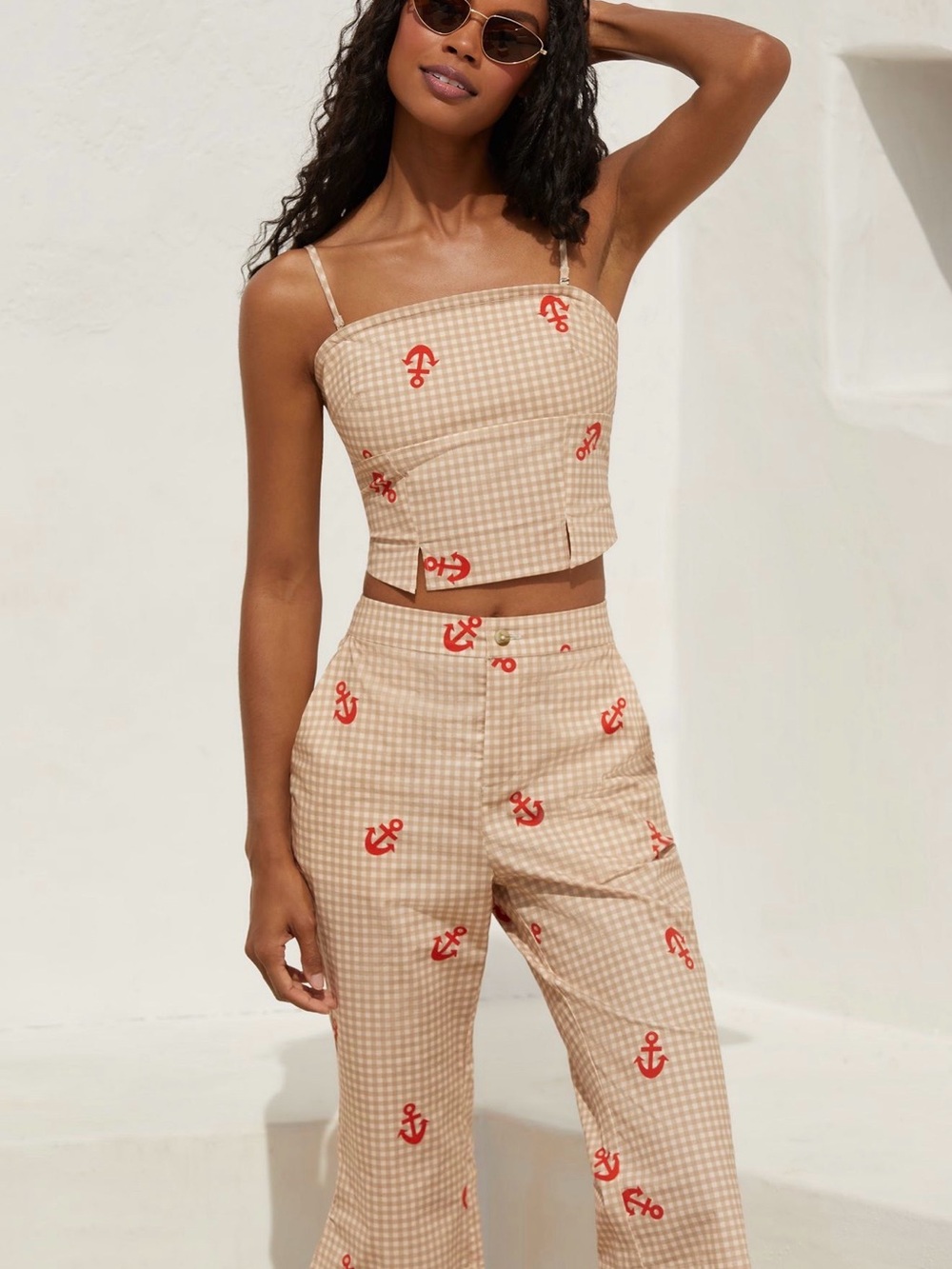 Anthropologie Celandine Gingham Anchor Capri Pants + Smocked Tube Top Set